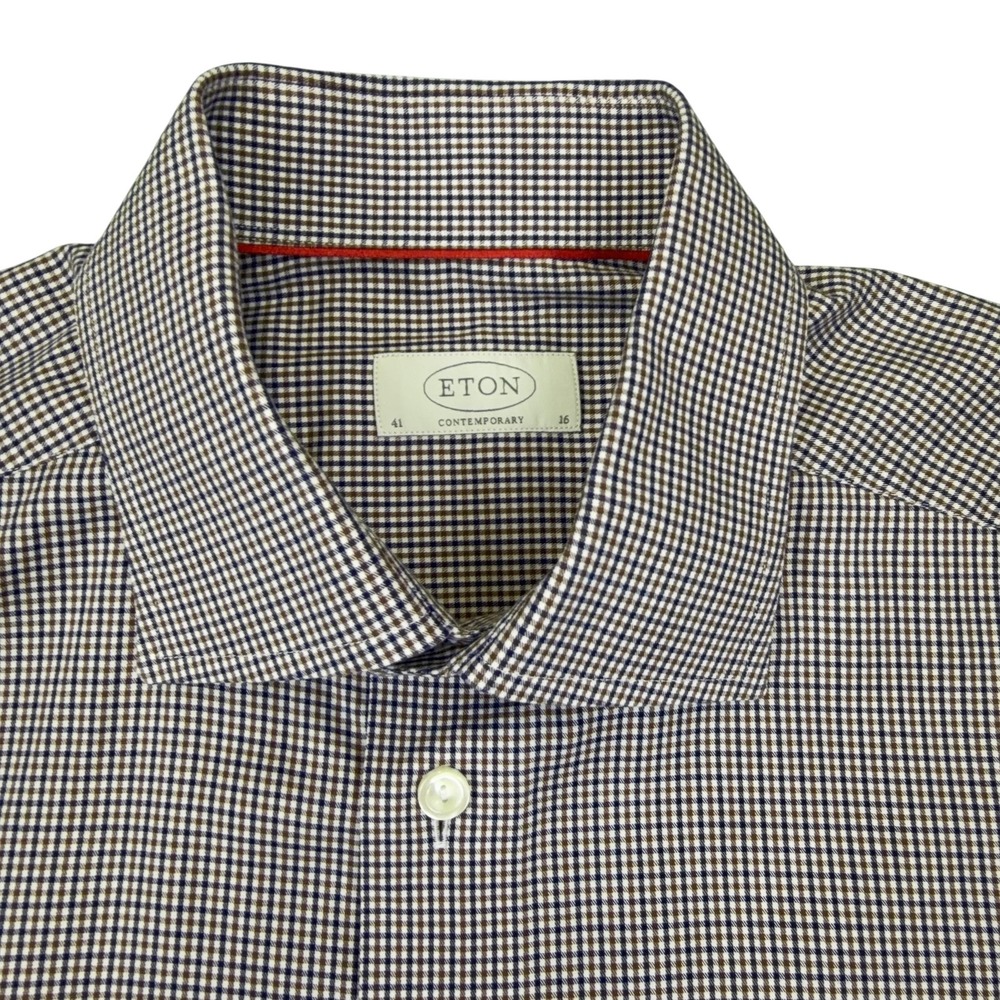 Eton Dress Shirt Mens 16 Blue Brown Check Contemporary Slim Fit Button Down